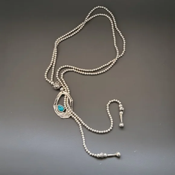 Pewter-Tone Silver-Plated Lariat Necklace with Aqua Crystal - Picture 8 of 8